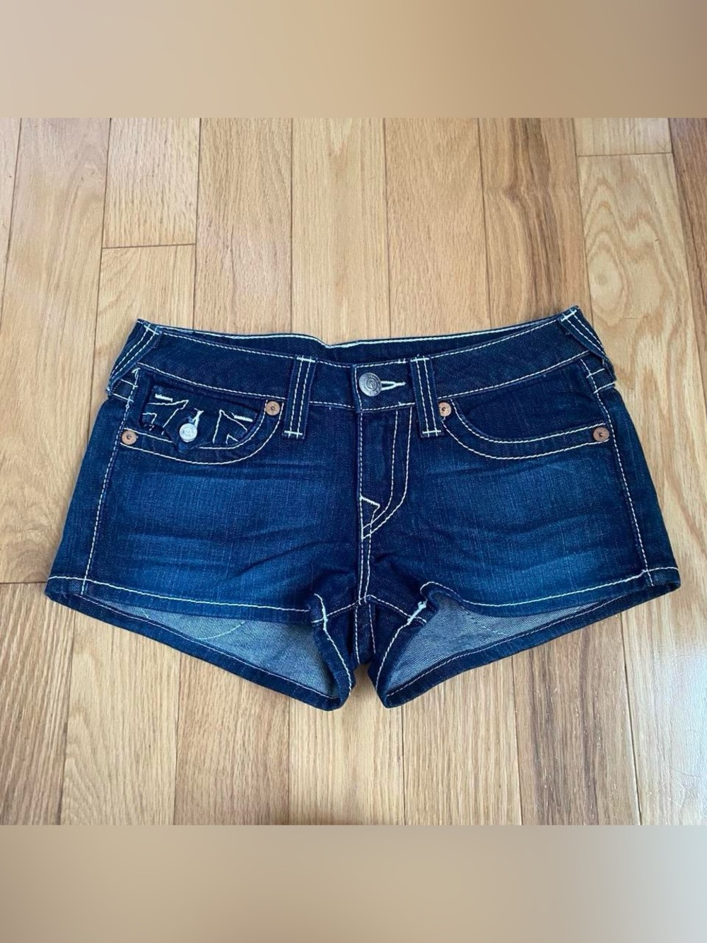 True Religion Women’s ‘Josie’ Mini Dark Wash Denim Shorts with white stitching